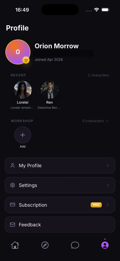 VarenChat profile screen with account and story preferences